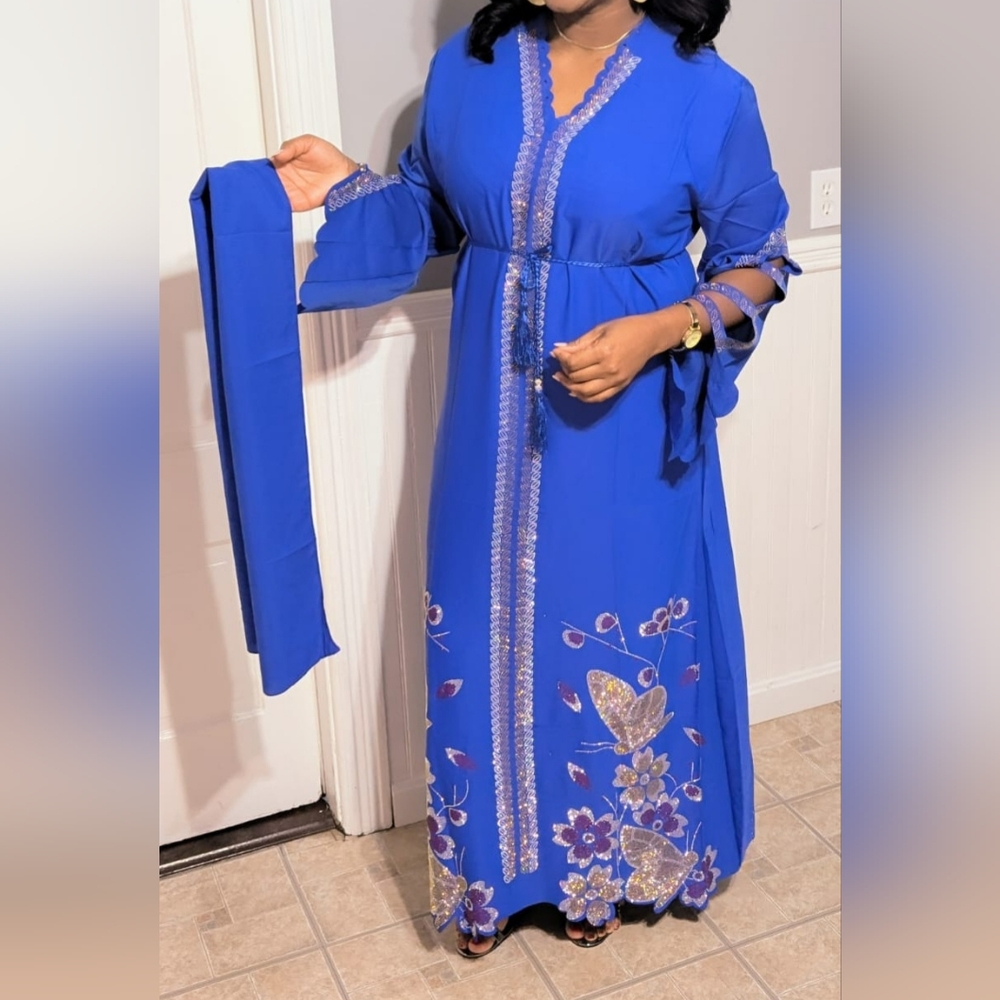 African Elegant Blue Embroidered Dress & Head Scarf